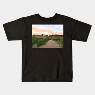 Gate and Golden sunset on the hill painting Kids T-Shirt